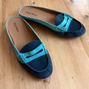 Klub Nico two tone blue suede slip on penny loafer mule flats size 10